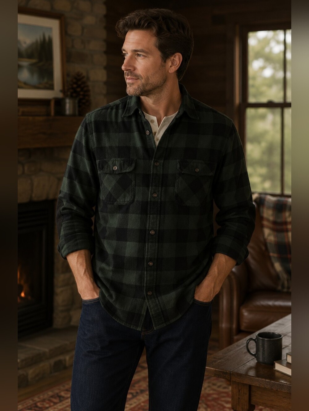 Roots Park Plaid Button-Up Cotton Flannel Shirt with Black Elbow Patches L